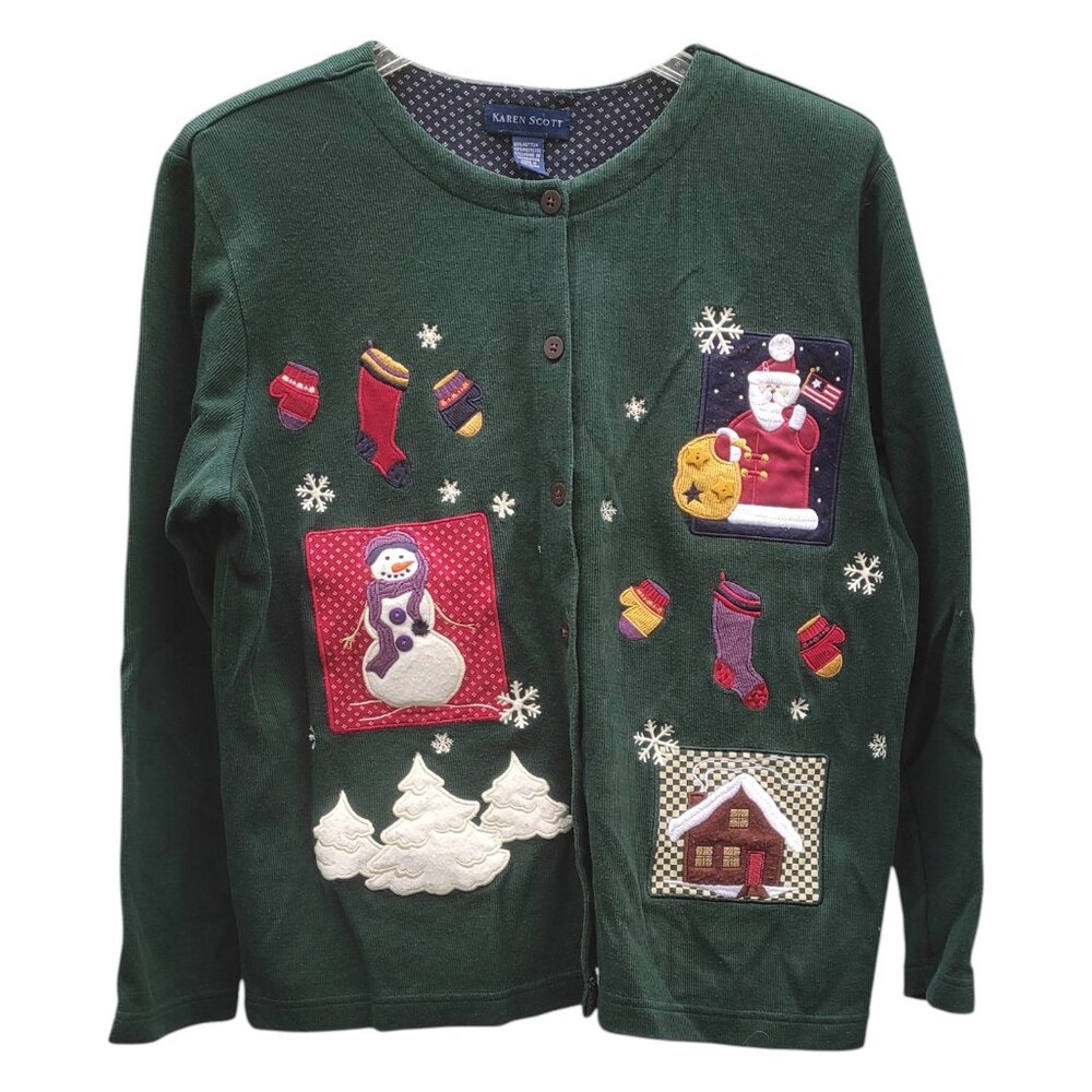 Vintage Karen Scott Green Christmas Sweater Santa Snowman Size Medium 3/4 Sleeve